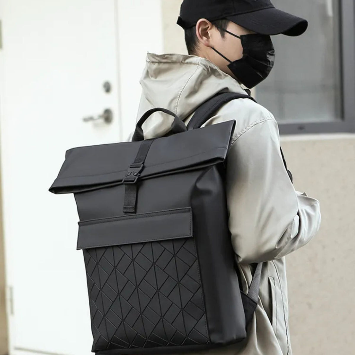 Roll Top Backpack with Geometric Design