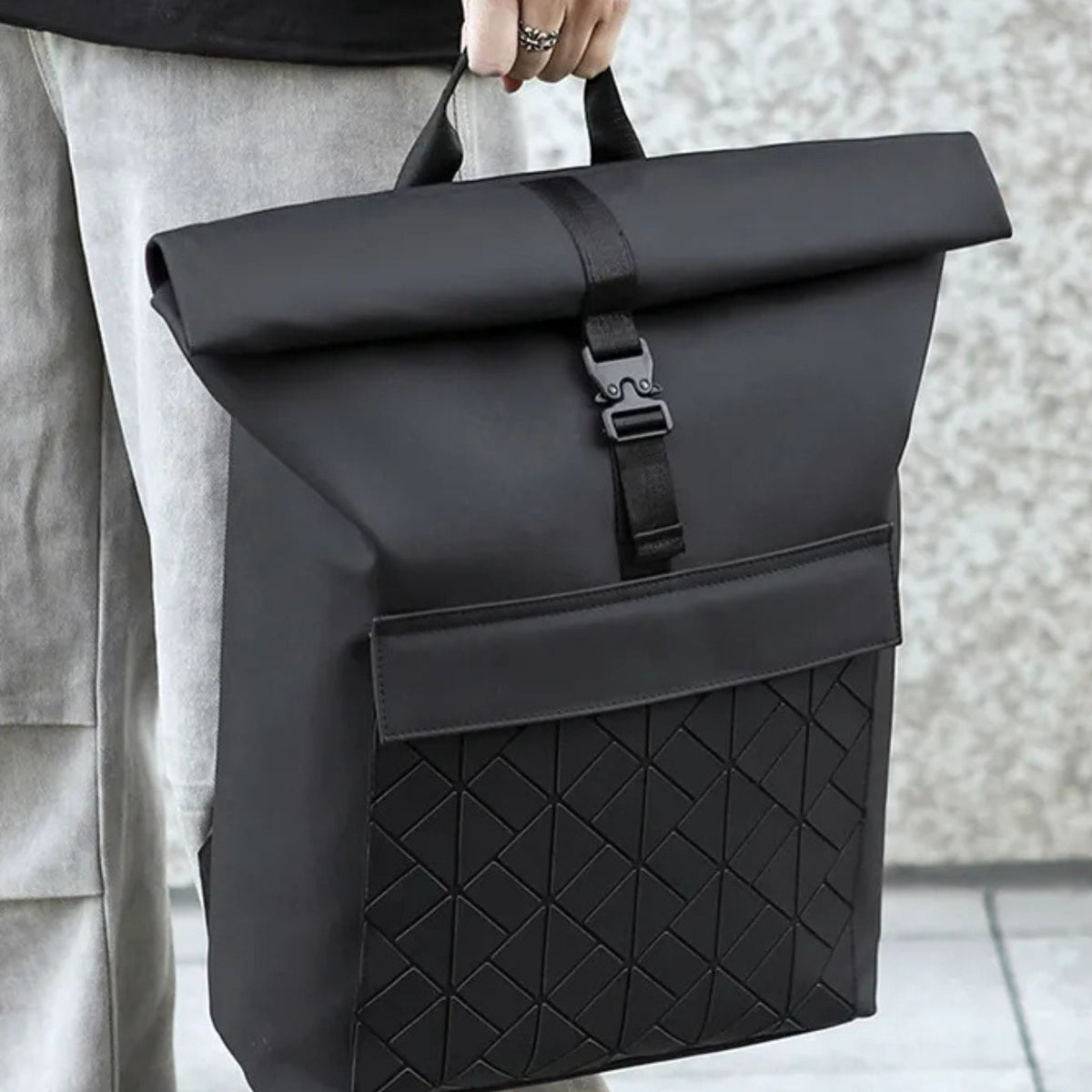 Roll Top Backpack with Geometric Design