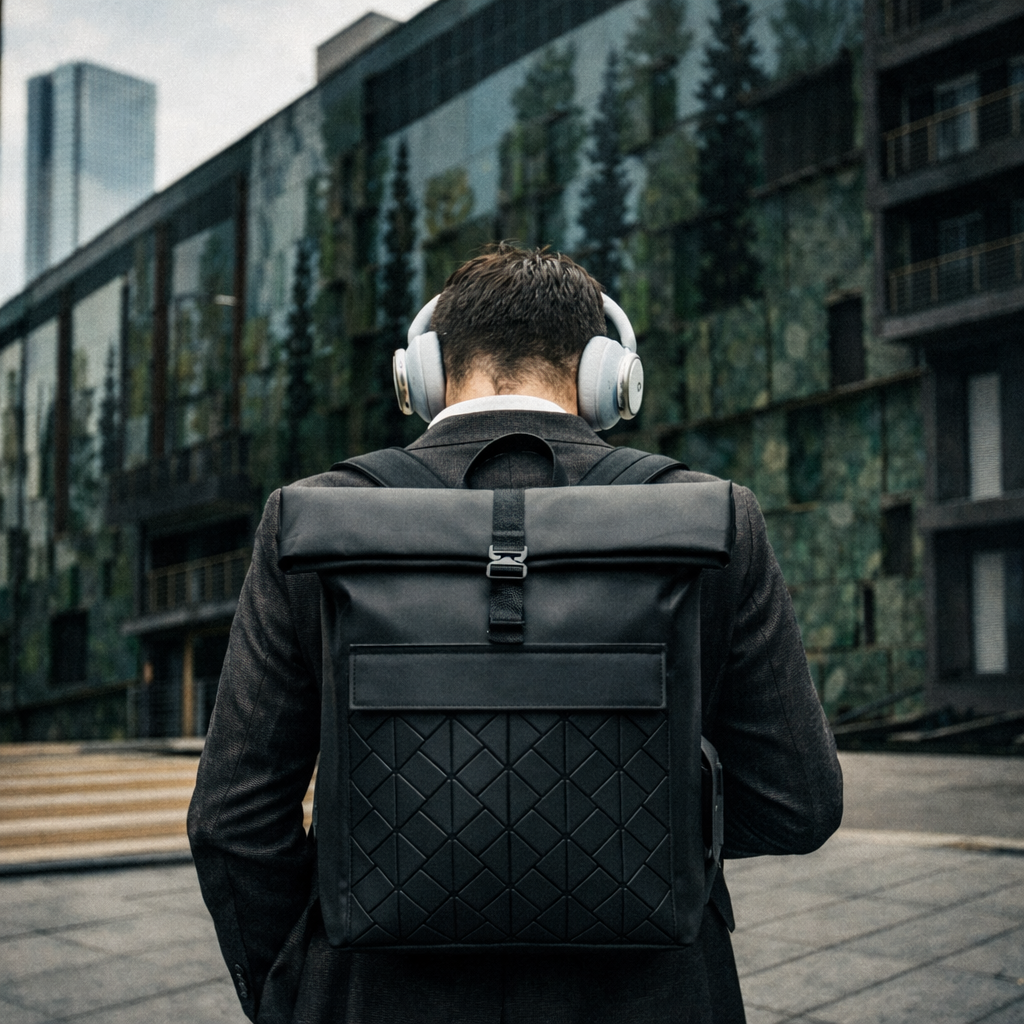 Roll Top Backpack with Geometric Design
